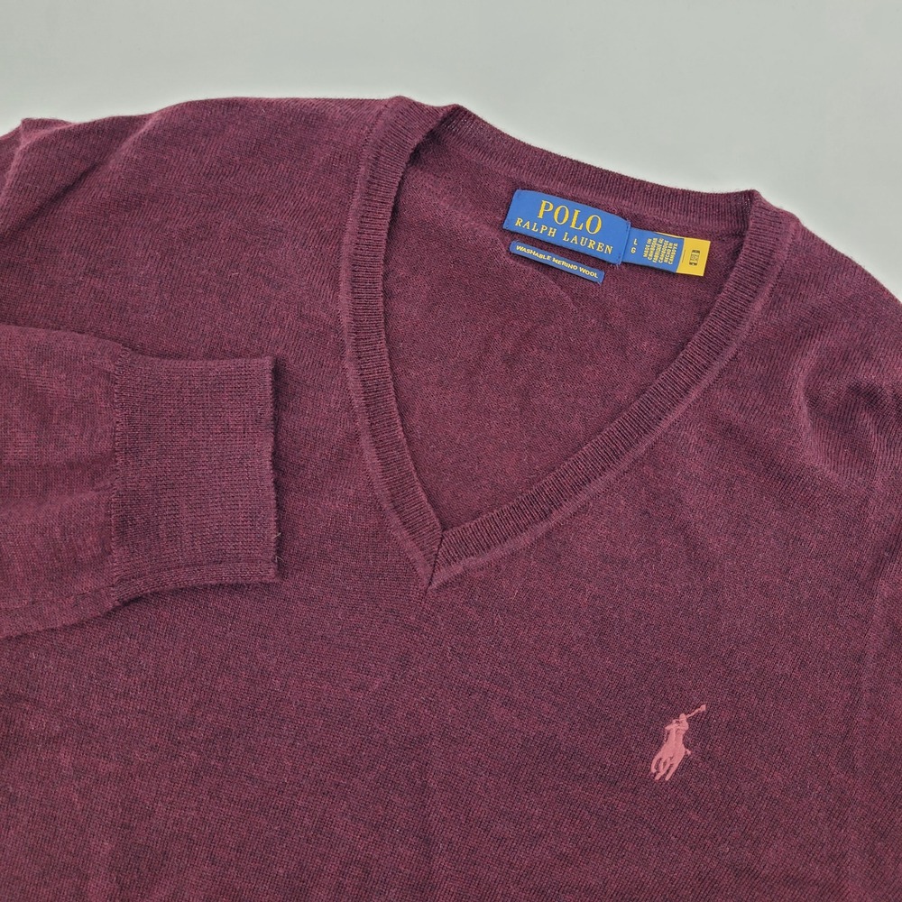 Polo Ralph Lauren V-Neck Sweater Mens Large Burgundy Washable‎ Merino Wool